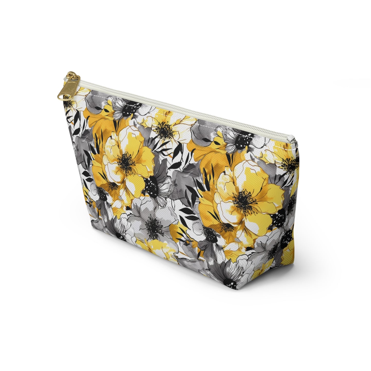 Soothing Radiance: Large Yellow and Grey Watercolor Flower Design - Makeup & Accessory Bag 2 Sizes