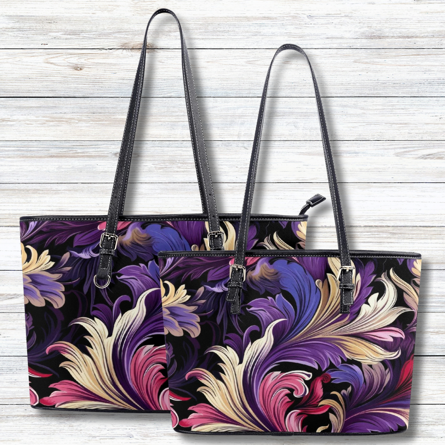 Purple, Gold & Pink Floral Swirls of Filigree Design Professional Tote Bag Faux Leather (PU) - 2 Sizes