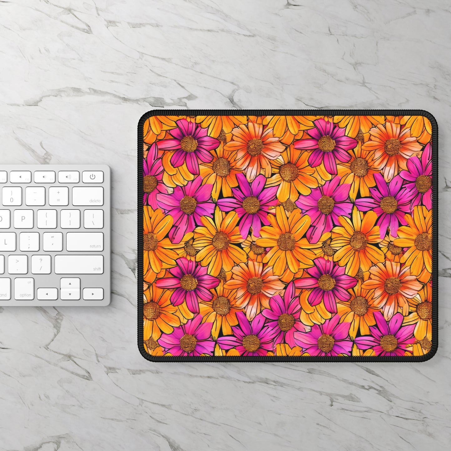 Vibrant Daisy Delight with Bold Orange and Pink Flowers Gaming Mouse Pad with Finished Edges