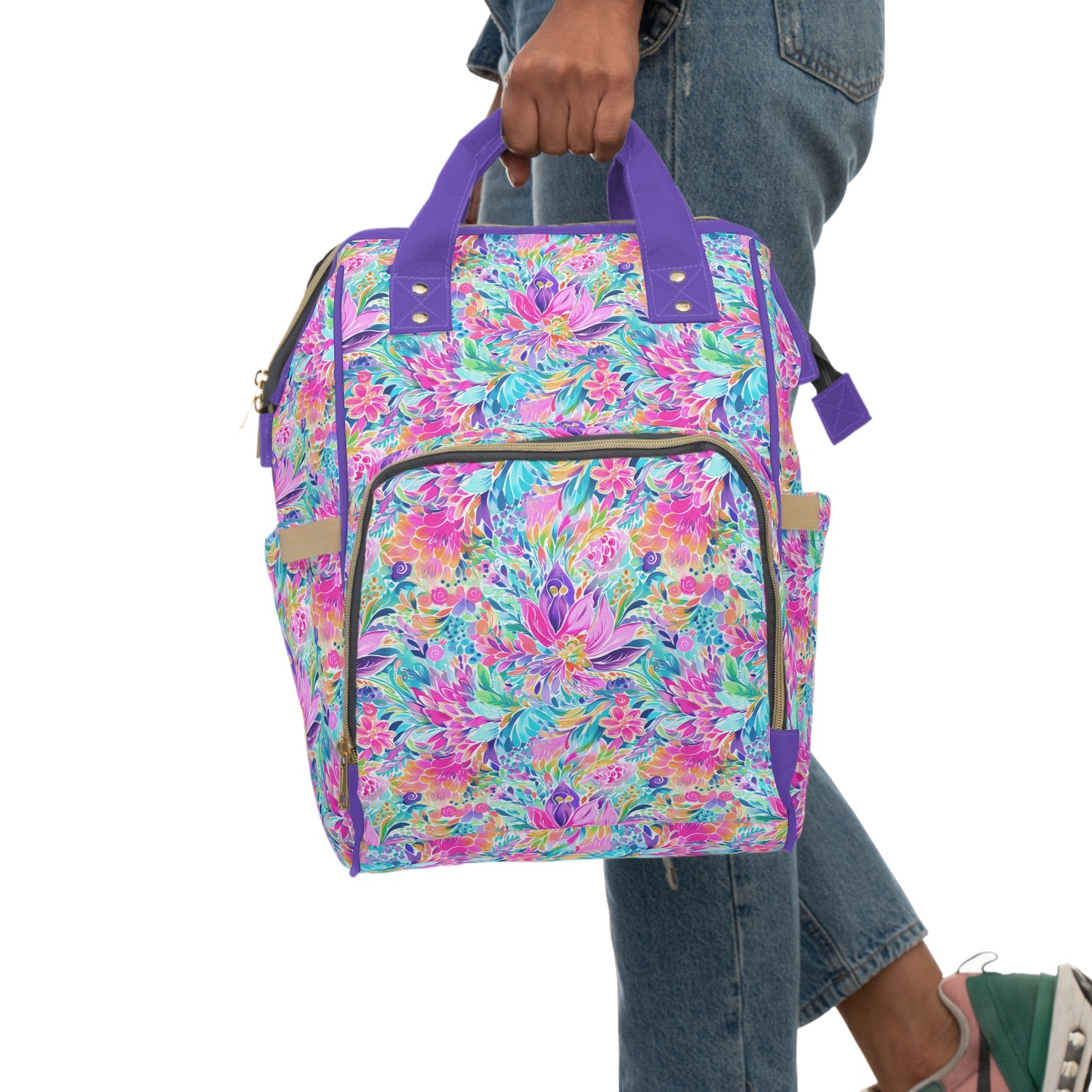 Tropical Prism: Rainbow Watercolor Flowers in Full Bloom Multifunctional Diaper Backpack