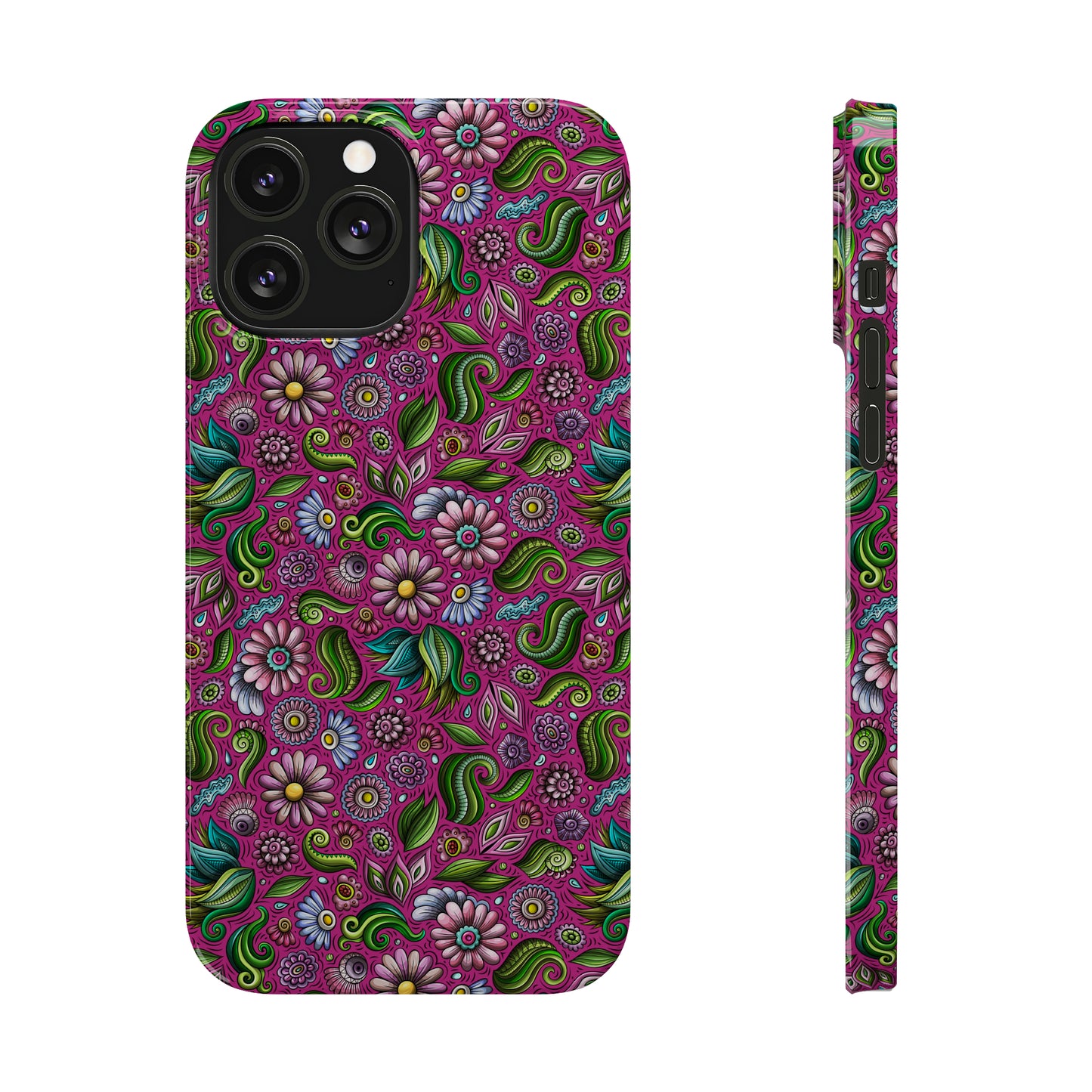 Purple & Pink Daisy Floral Print Hot Pink Background Iphone 15-12 Slim Phone Case