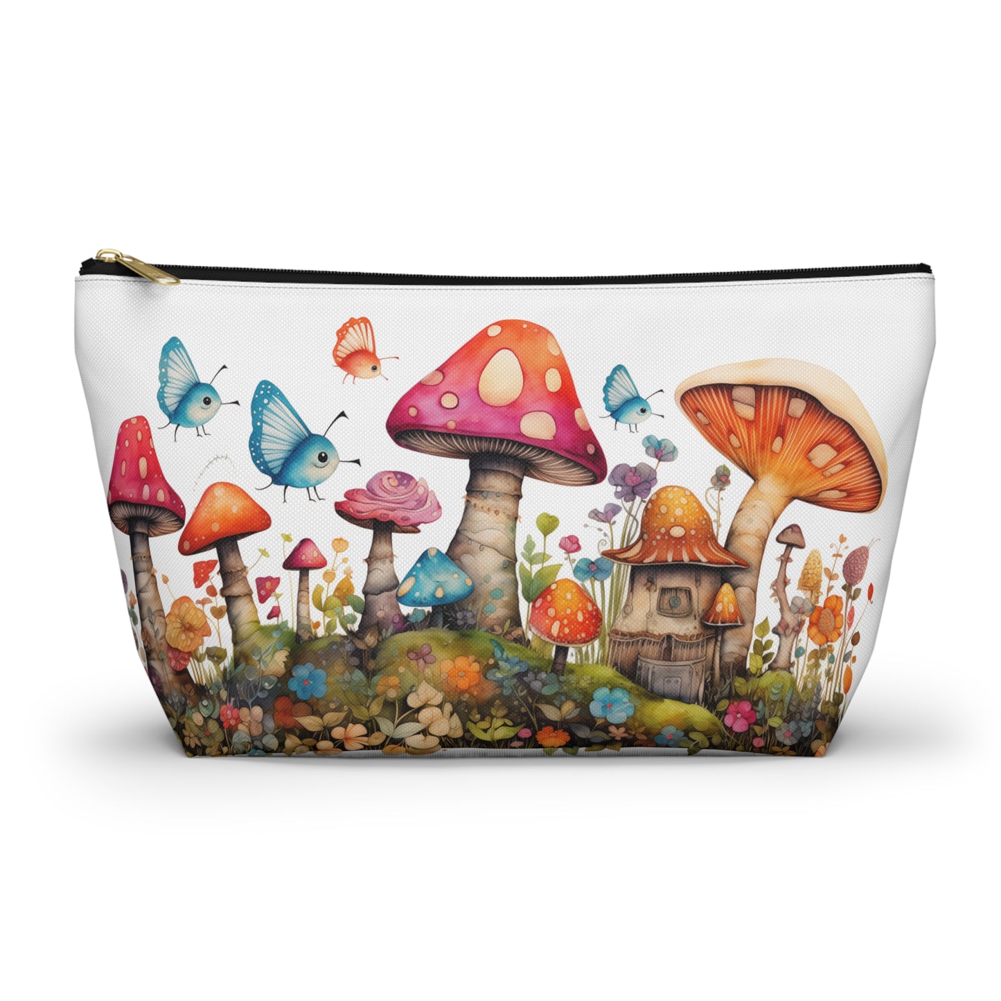 Enchanting Mushroom Cottage Adorned with Butterflies and Toadstools - Makeup & Accessory Bag 2 Sizes