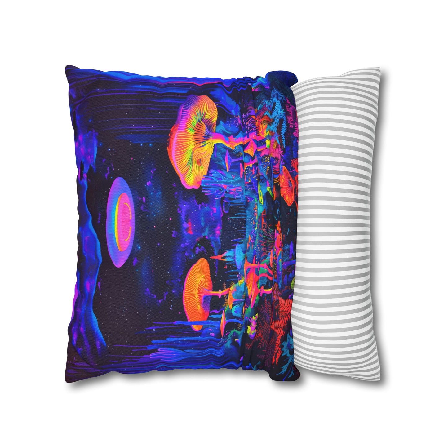 Vibrant Psychedelic Fantasy Neon Mushroom Forest Landscape Spun Polyester Square Pillowcase 4 Sizes