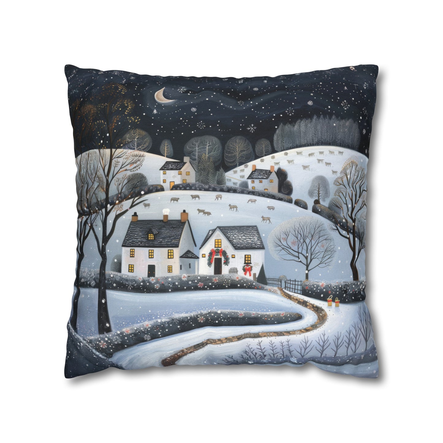 Starry Serenity: Rolling Hills on a Snowy Night, Stars Sparkling in the Sky Spun Polyester Square Pillowcase 4 Sizes