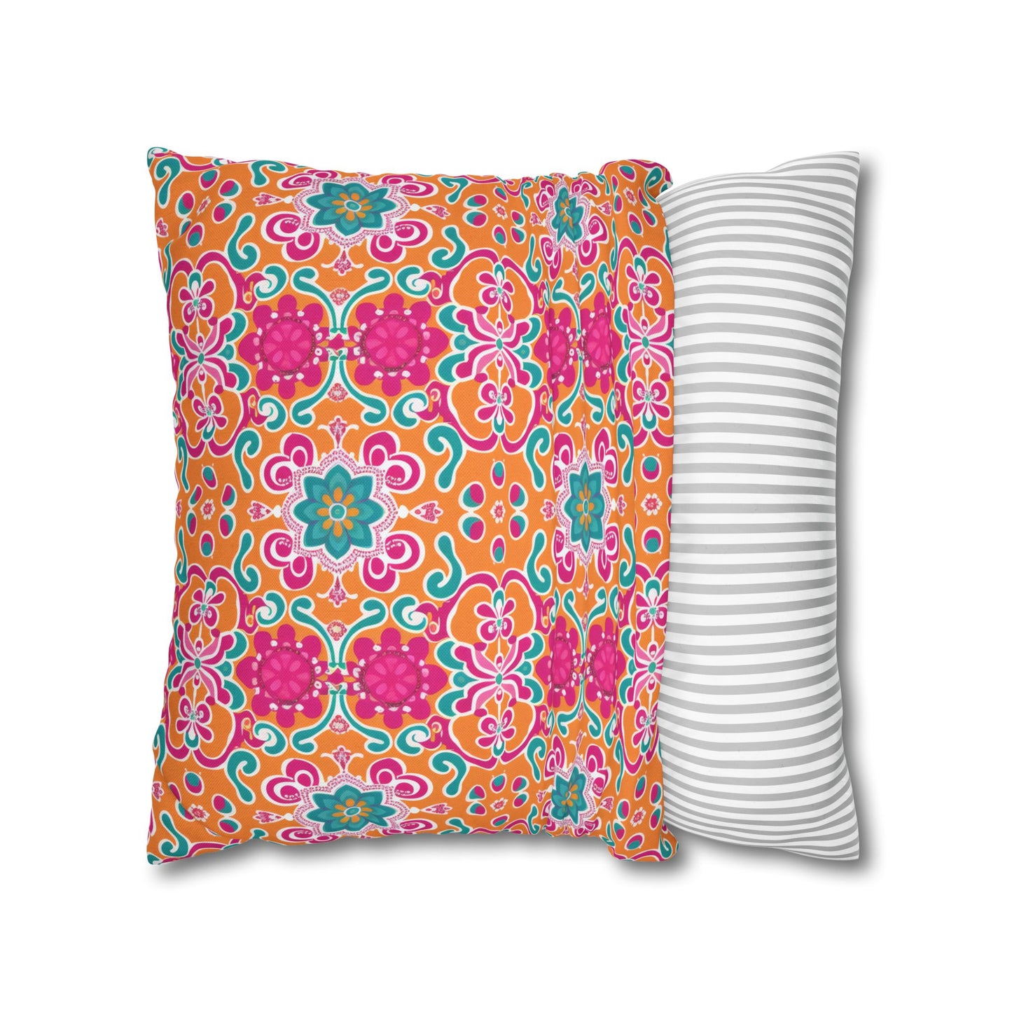 Kaleidoscope of Warm Tangerine, Lush Teal, and Lively Pink Blooms Polyester Square Pillowcase 4 Sizes