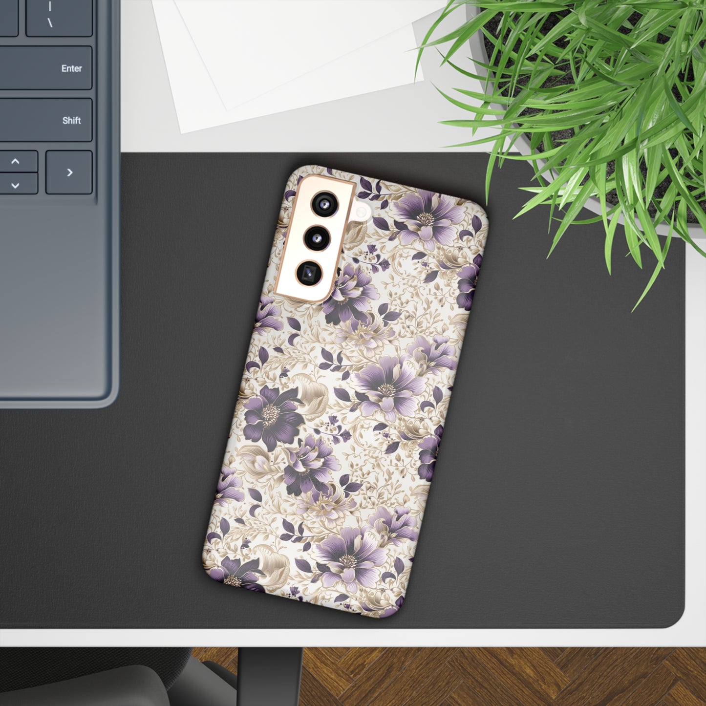 Purple Majesty: Watercolor Floral Design with Gold Foliage Accents Samsung Slim Cases