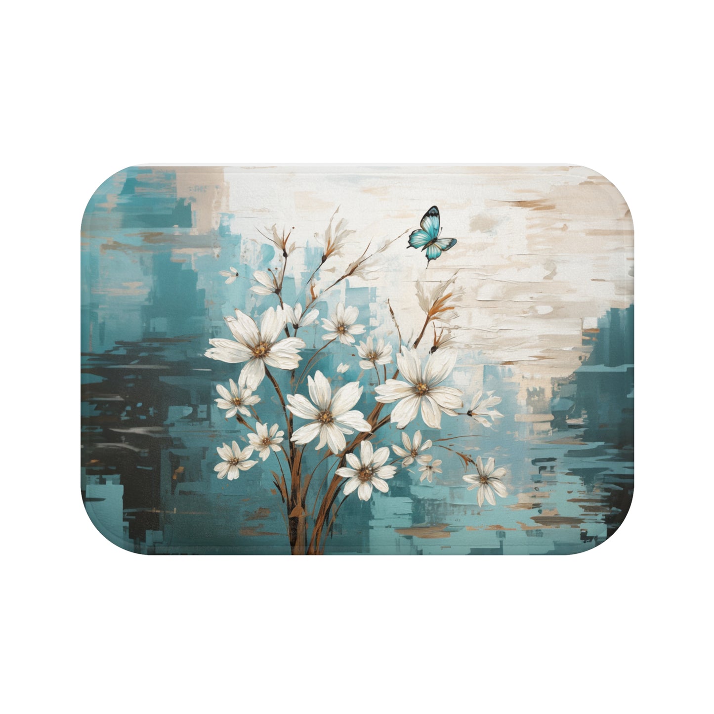 Rustic Farmhouse White and Teal Wild Daisies and Butterflies  - Bathroom Non-Slip Mat 2 Sizes