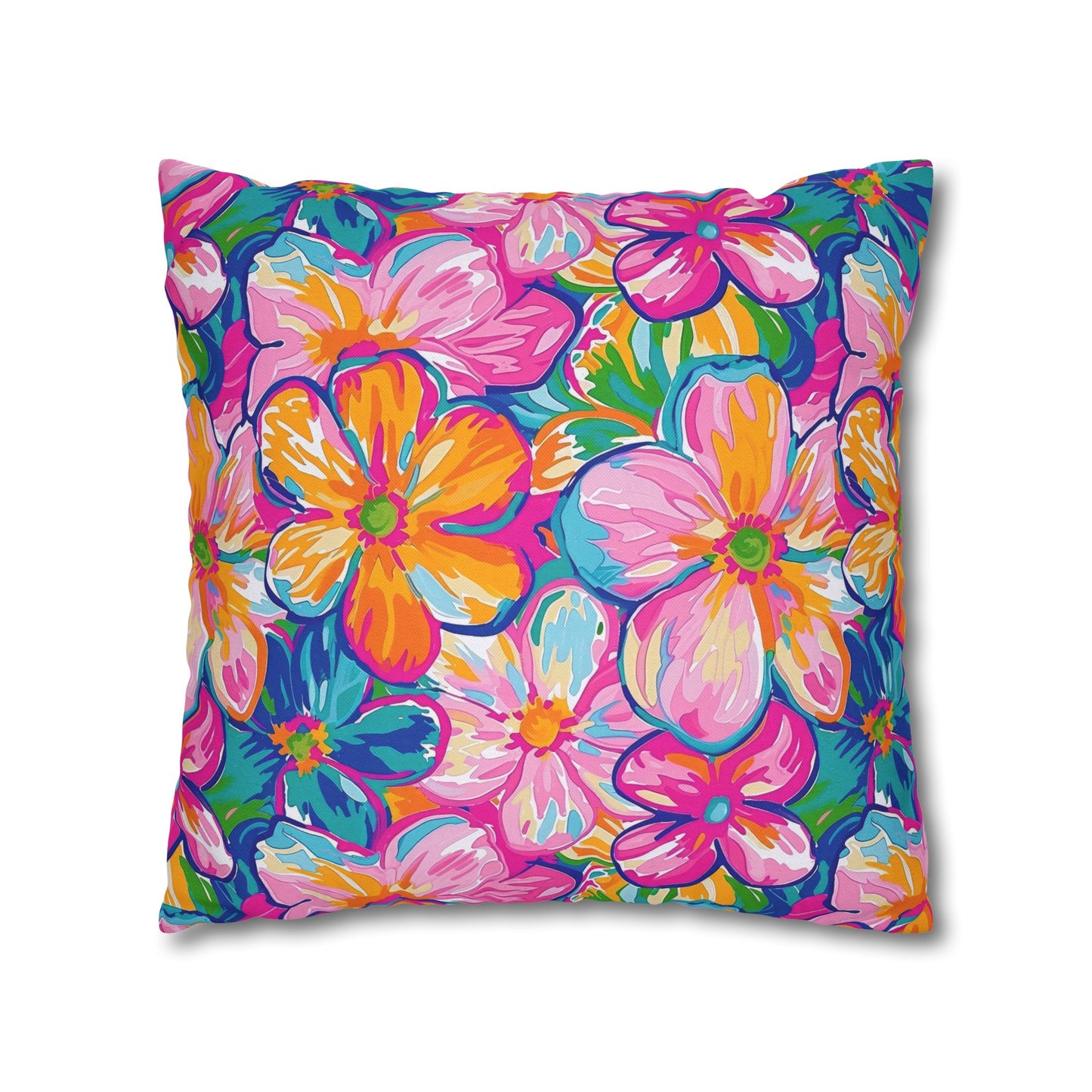 Chromatic Blossoms: Large Watercolor Flowers in Mixed Pinks, Blues, and Oranges Spun Polyester Square Pillowcase 4 Sizes