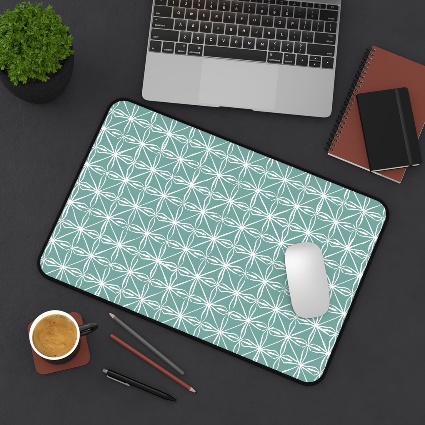 Elegant Minimalist Geometric Line Art in White and Teal Pattern Gaming Mouse Pad  Desk Mat  - 3 Sizes