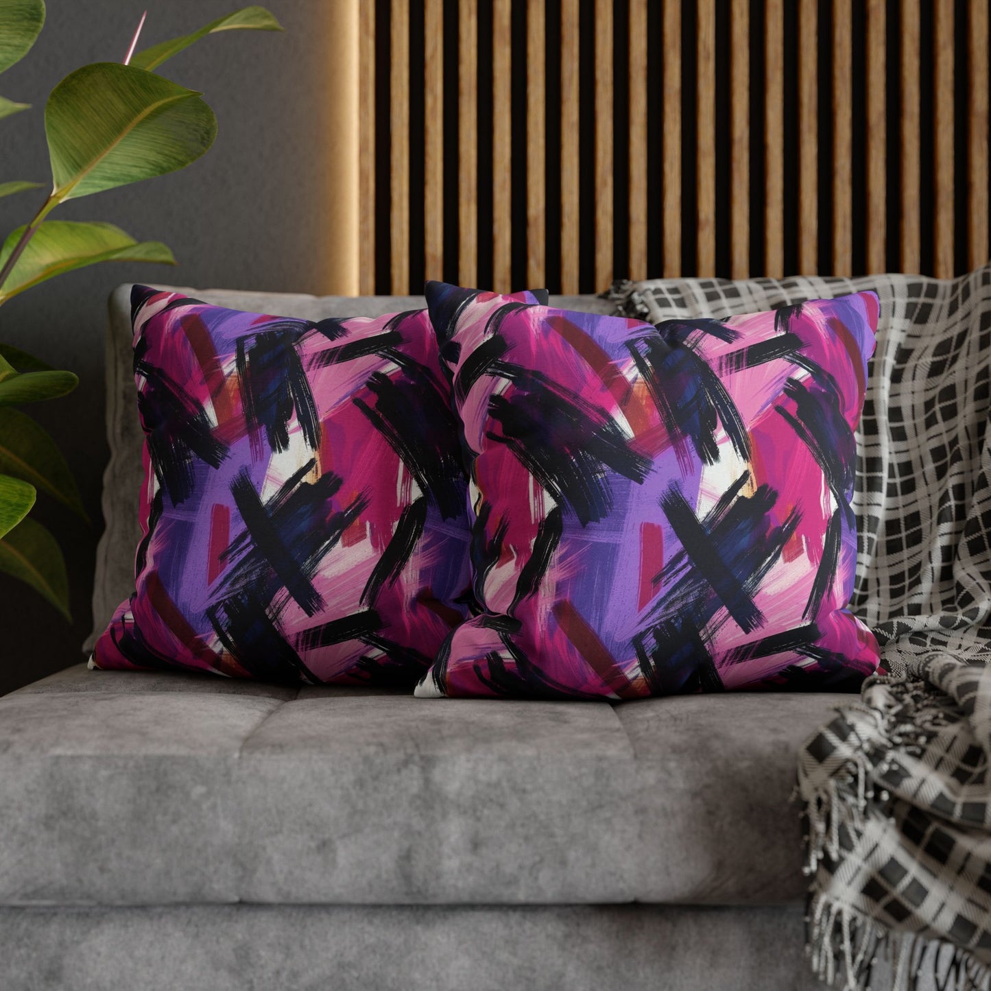 Vibrant Rebellion Brush Strokes in Hot Pink and Cool Purple on a Moody, Dark Background Spun Polyester Square Pillowcase 4 Sizes