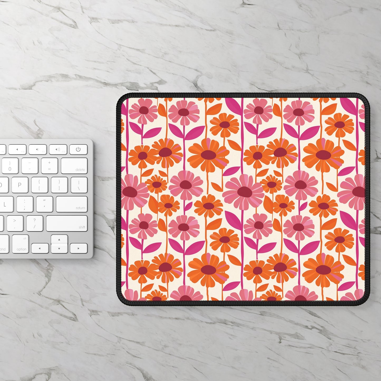 Retro Floral Bliss with Bold Pink and Orange Flower Design Gaming Mouse Pad with Finished Edges