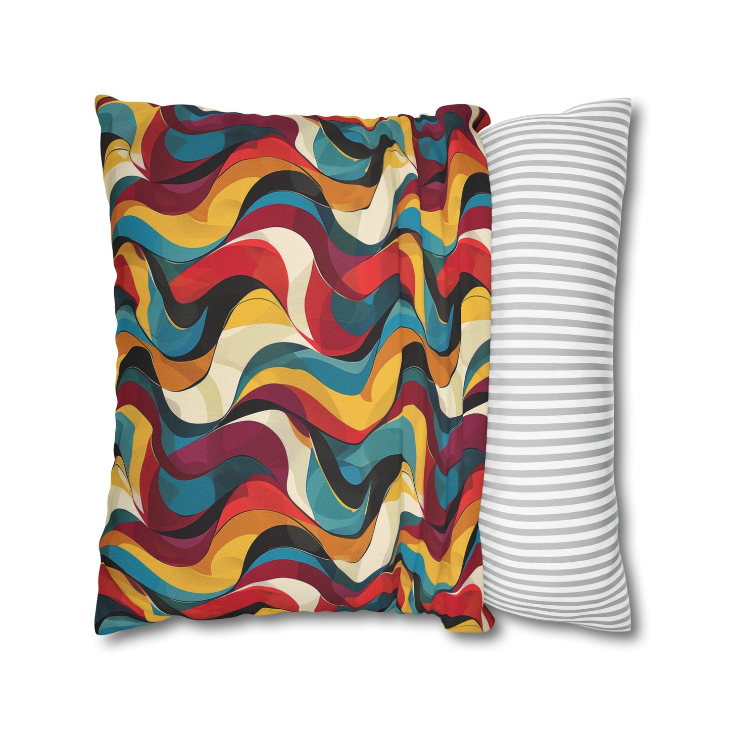 Retro Chic Vintage Blues, Reds and Yellow Waves Spun Polyester Square Pillowcase 4 Sizes