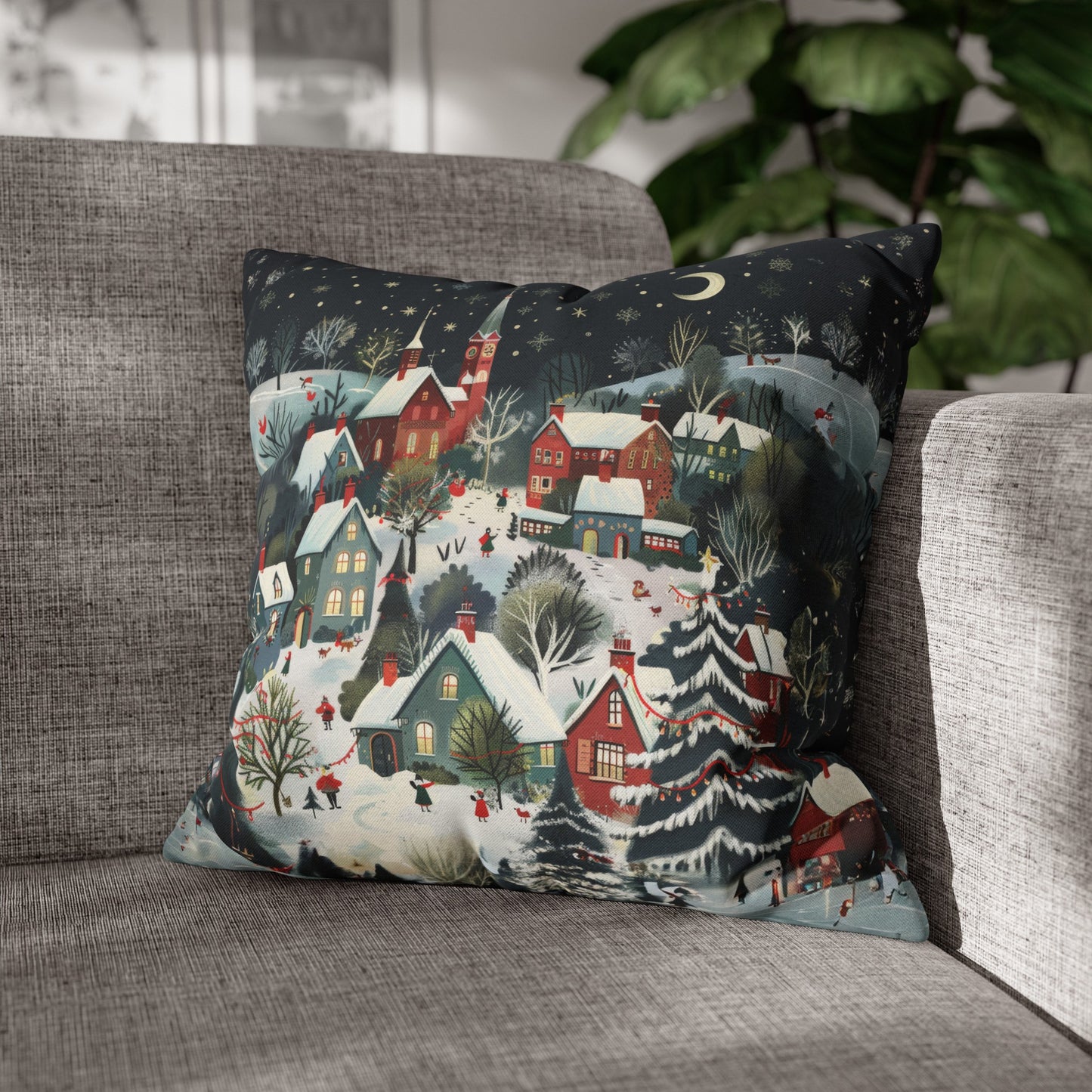 Vintage Winter Village: Old-Fashioned Country Town in a Snowy Christmas Scene Spun Polyester Square Pillowcase 4 Sizes