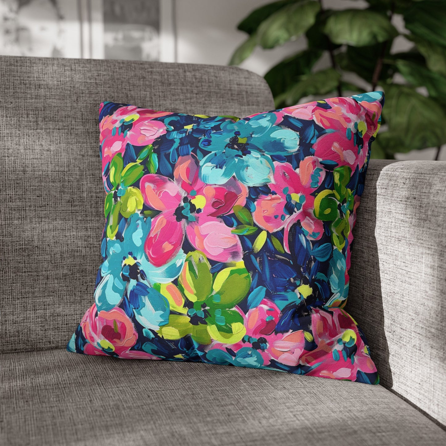 Dusk Blossoms: Moody Pink, Blue, and Yellow Watercolor Flowers Spun Polyester Square Pillowcase 4 Sizes