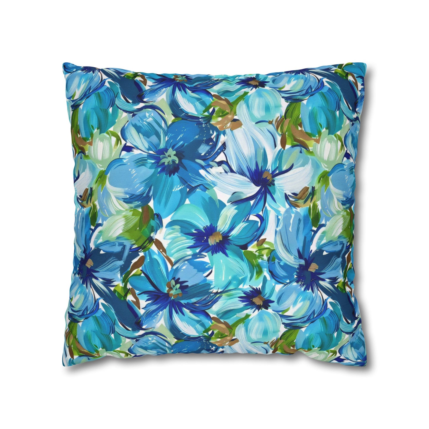 Large Blue Watercolor Flowers with Gentle Accents of Brown and Green Spun Polyester Square Pillowcase 4 Sizes