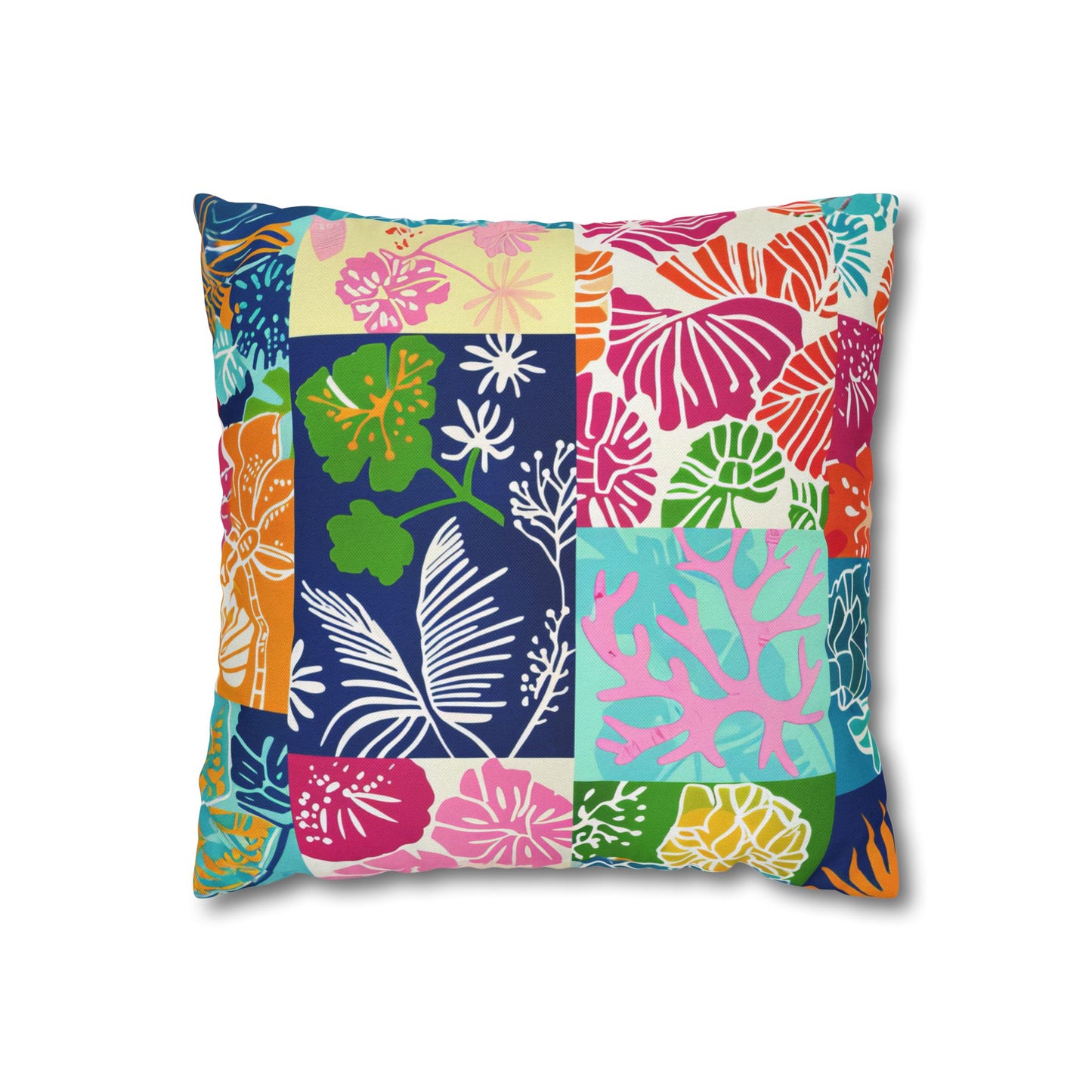 Vibrant Mosaic of Tropical Unique Shapes and Hues, from Vivid Oranges to Deep Blue Leaves and Flowers Spun Polyester Square Pillowcase 4 Sizes