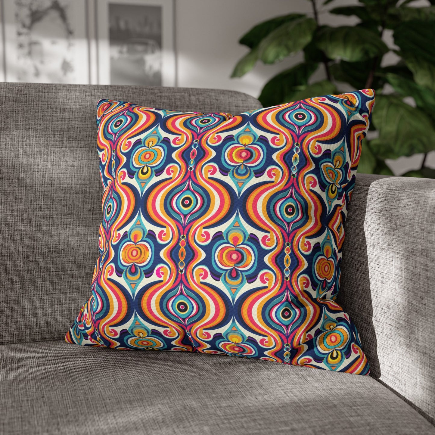 Vibrant Retro Waves with Colorful Geometric Pattern Spun Polyester Square Pillowcase 3 Sizes