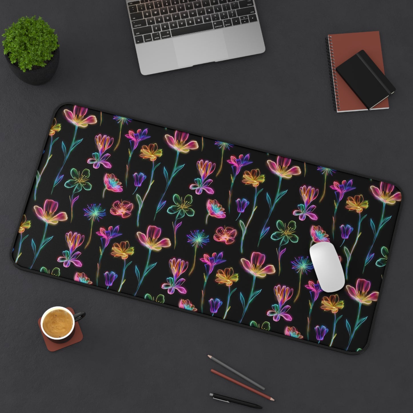 Neon Spring Flowers Deskmat , Floral Dark Desk Decoration, Floral Large Mousepad, Gaming Desk Mat, Desktop Accessory
