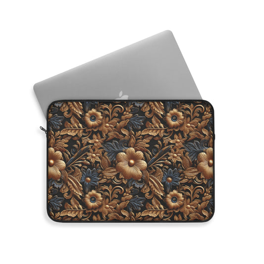 Tooled Leather Gold Flowers with Blue Leaves Accent Print Design  - Laptop or Ipad Protective Sleeve 3 Sizes