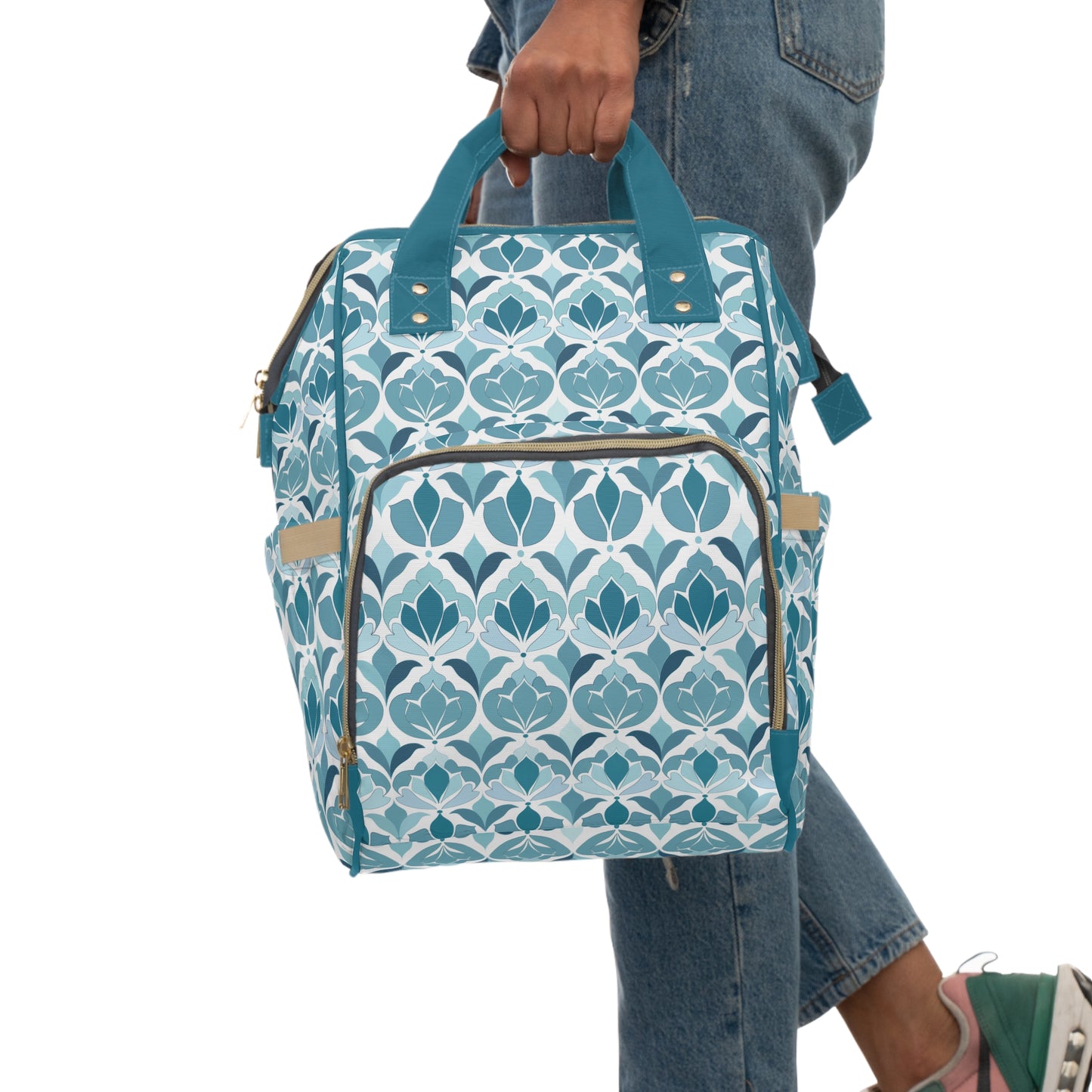 Serene Floral Pattern in Shades of Aqua and Teal, Forming Graceful Botanical Motifs Multifunctional Diaper Backpack