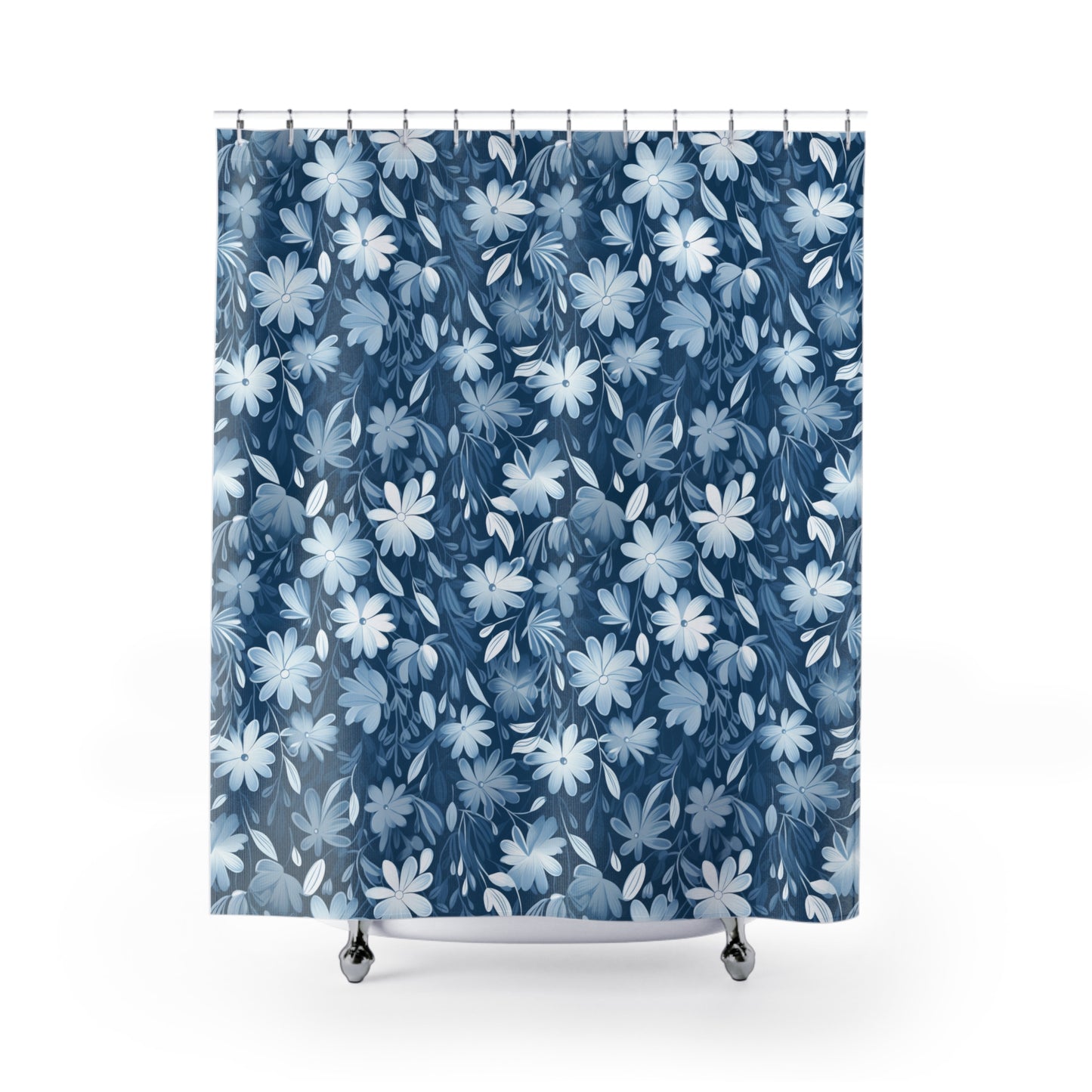 Gentle Elegance: Soft Muted Blue Flower Design Bathroom Shower Curtain   71" × 74"