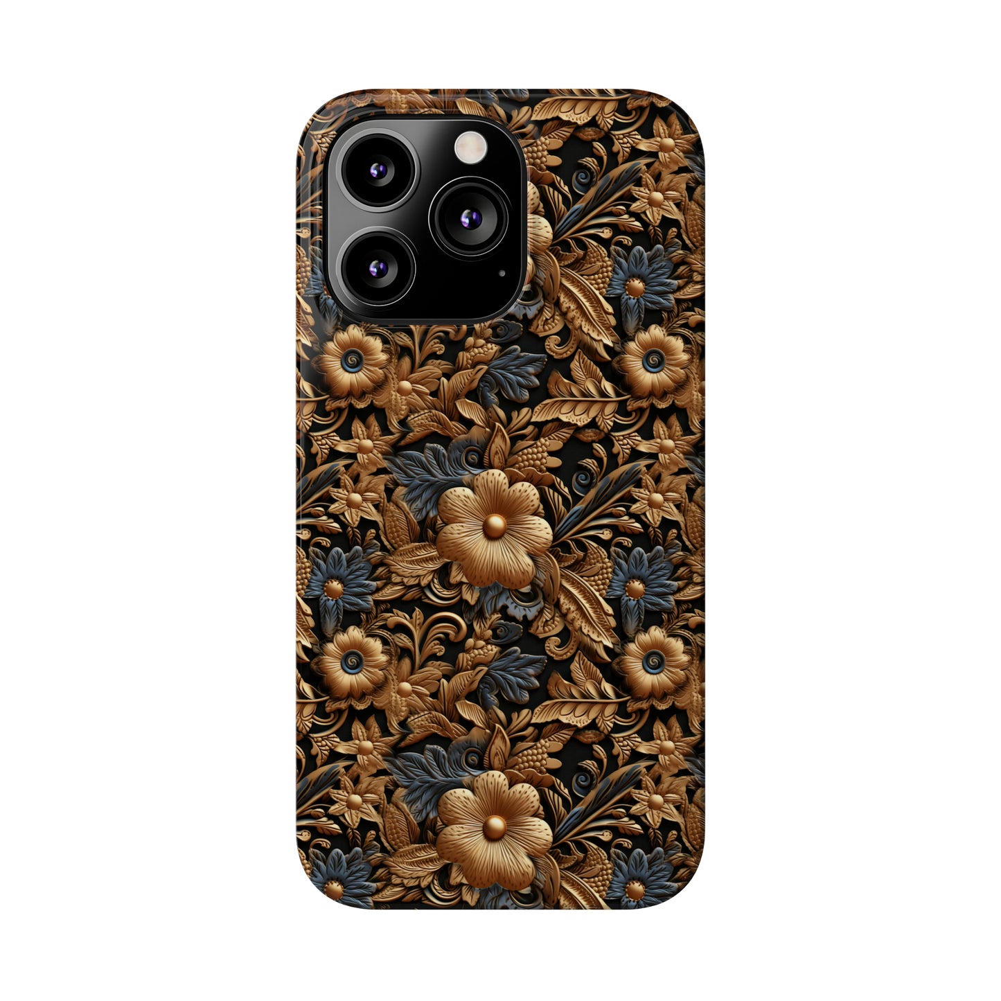 Tooled Leather Gold Flowers with Blue Leaves Accent Print Design Iphone 15-12 Slim Phone Case