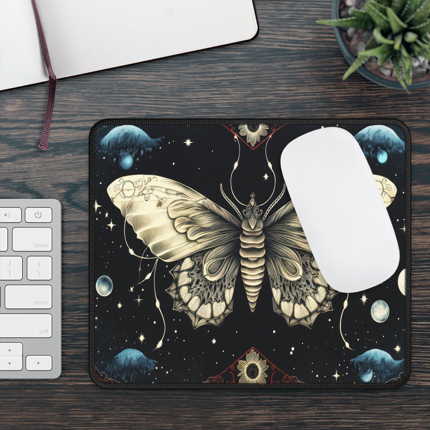 Fantasy Death Moth and Celestial Planets Gaming Mouse Pad with Finished Edges