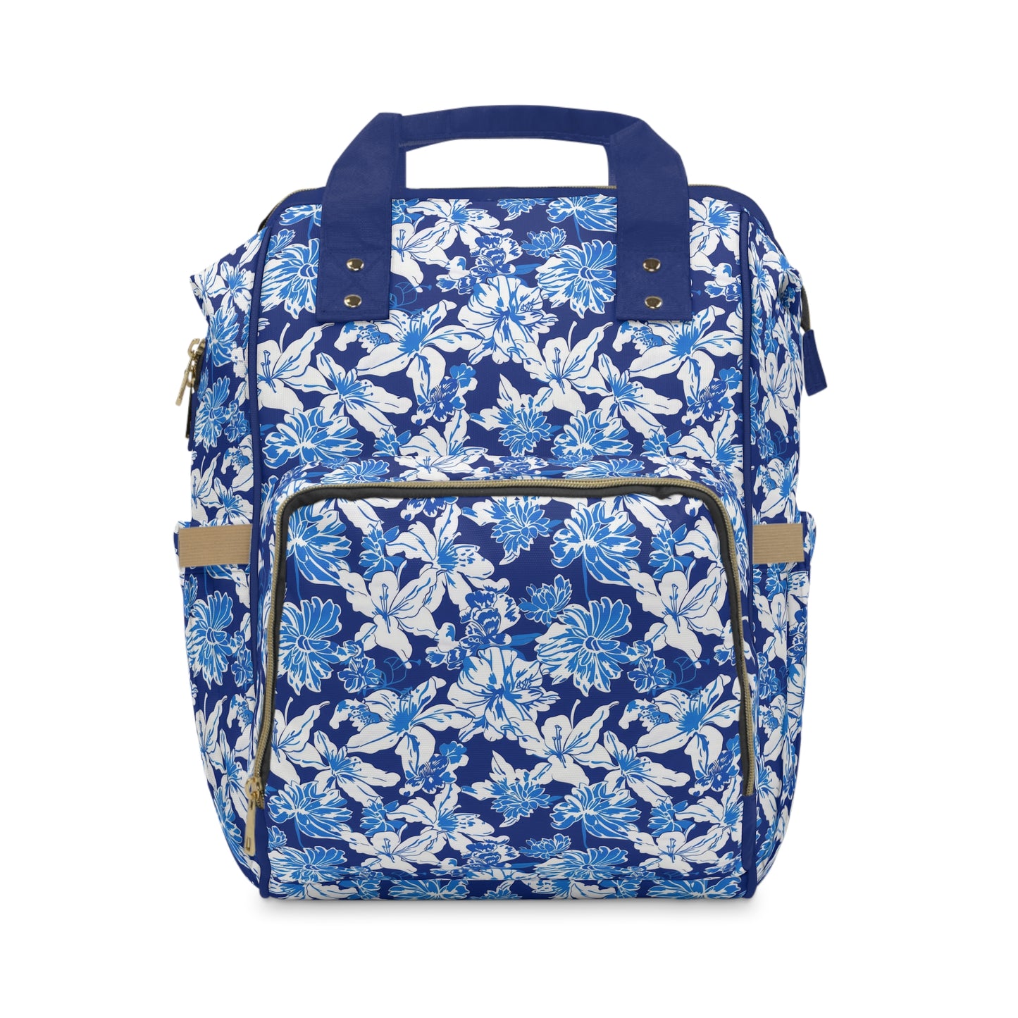 Oceanic Bloom: Watercolor Tropical Flowers in White and Blue against a Deep Blue Background Multifunctional Diaper Backpack