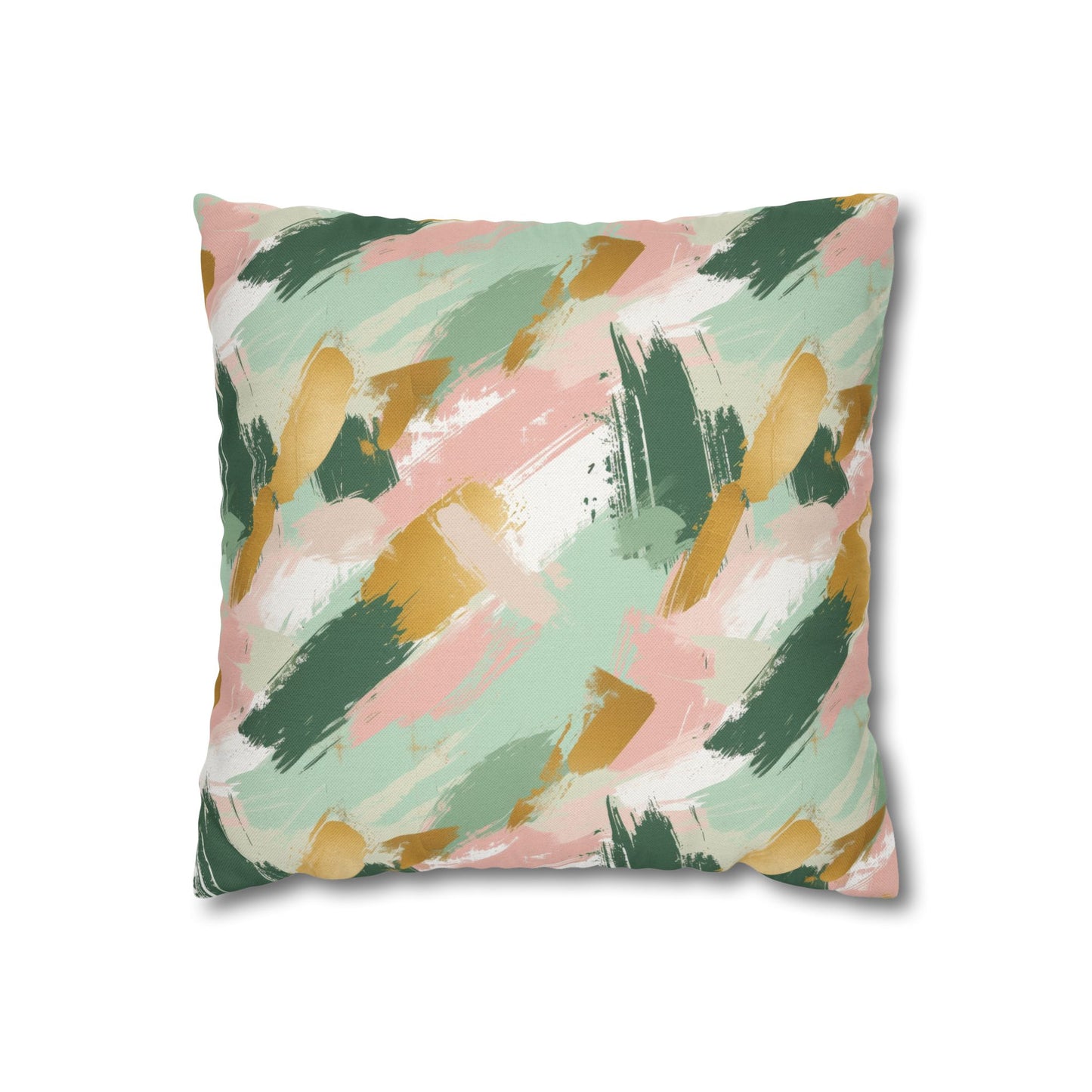 Spring Brushstrokes Abstract in Light Green, Pink, and Gold Spun Polyester Square Pillowcase 4 Sizes