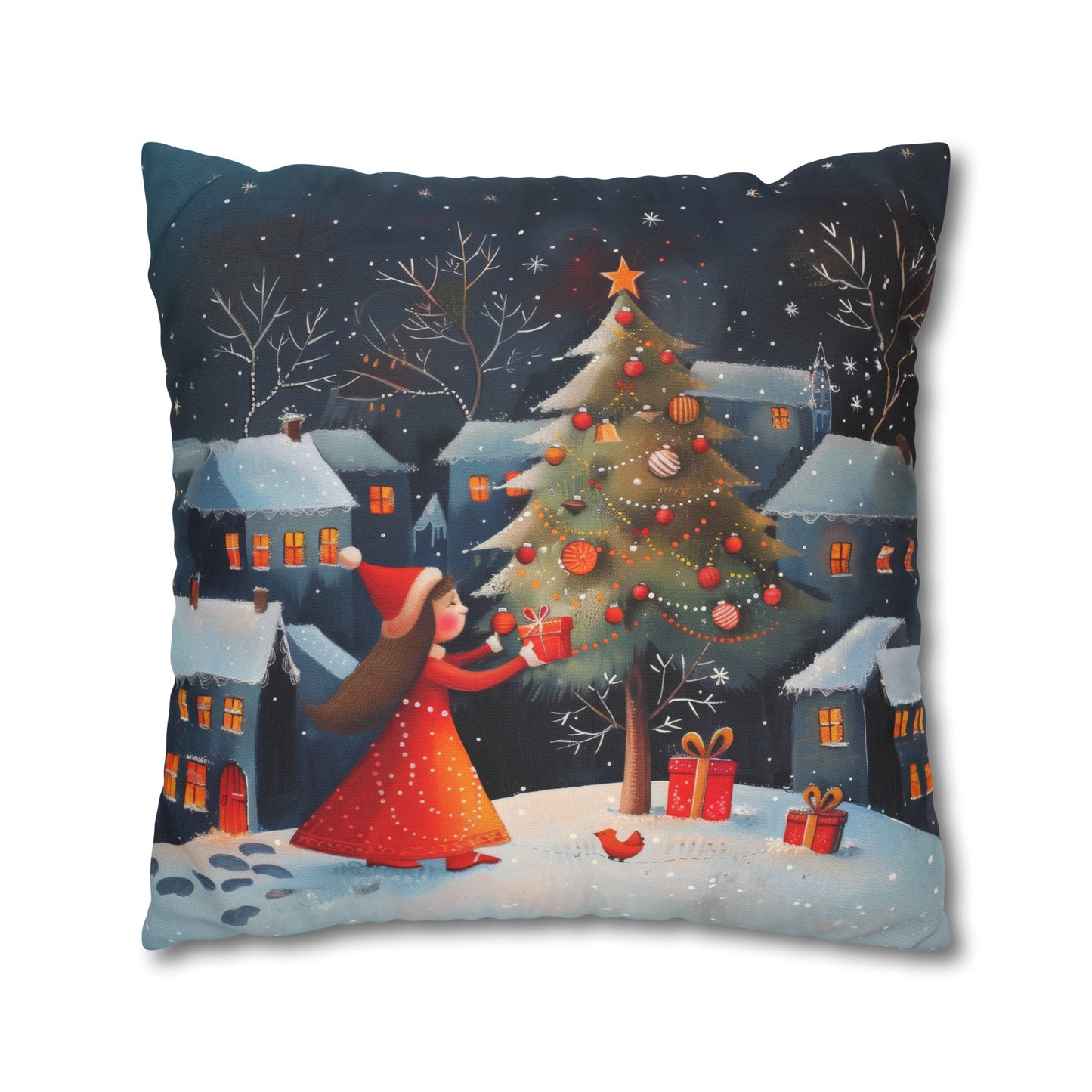 Joyful Surprise: Little Girl Admiring Christmas Tree with Presents Spun Polyester Square Pillowcase 4 Sizes