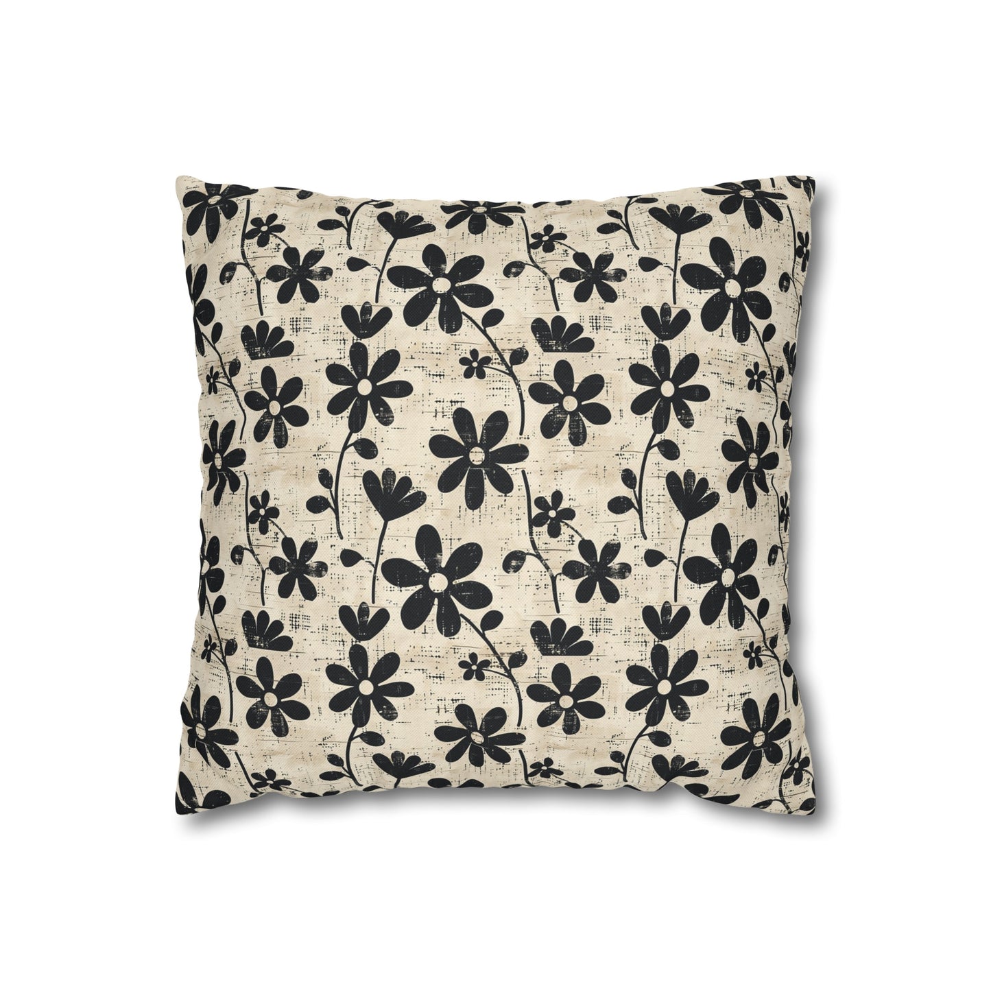 Distressed Black Floral on Beige Background Spun Polyester Square Pillowcase 4 Sizes