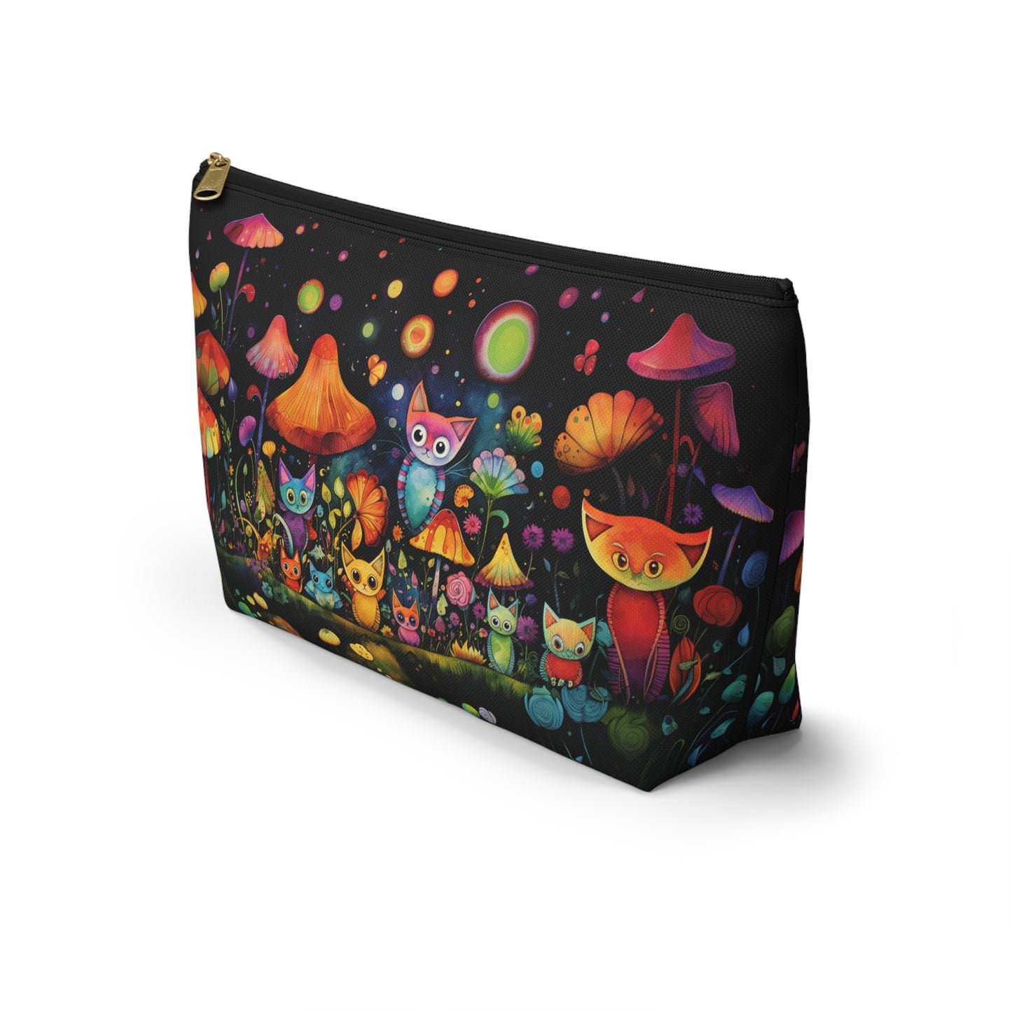 Mystical Cats Amidst a Garden of Flowers and Mushrooms, Beneath a Starry Sky - Makeup & Accessory Bag 2 Sizes