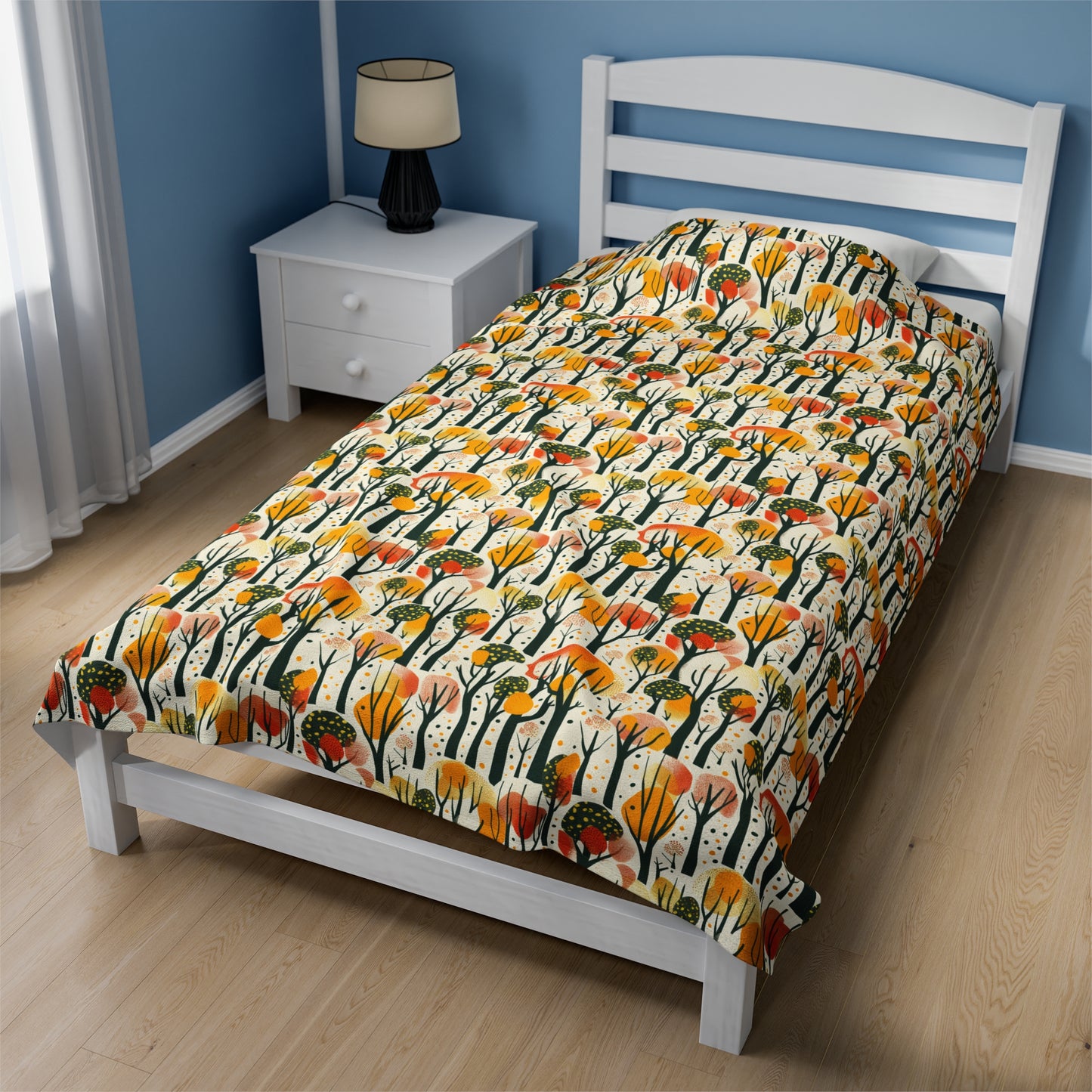 Enchanted Forest of Yellow and Orange Trees on a Speckled Cream Background Velveteen Plush Blanket 3 Sizes