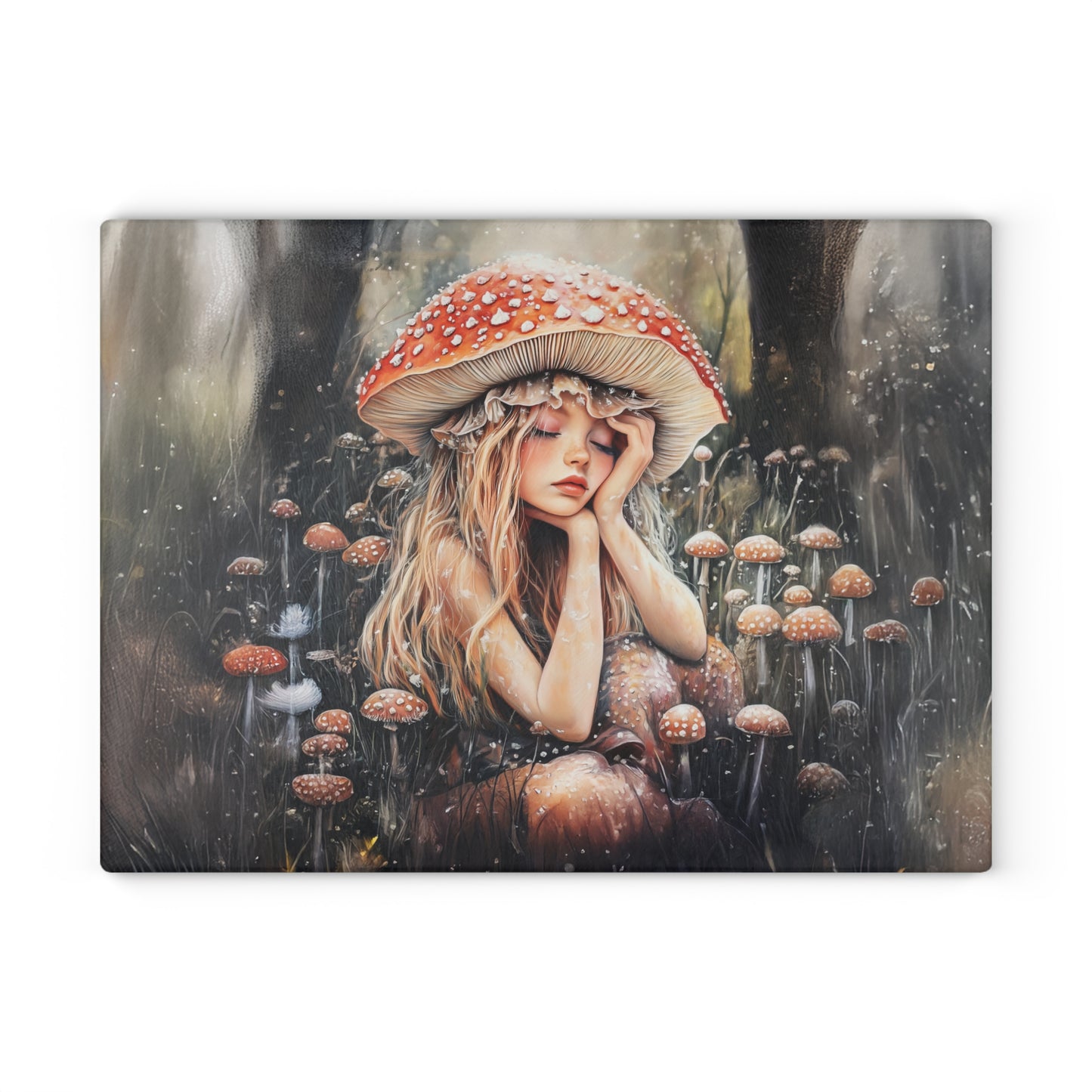 Woodland Nymph Slumbers Beneath a Mushroom's Shade Glass Cutting Board - 2 Sizes