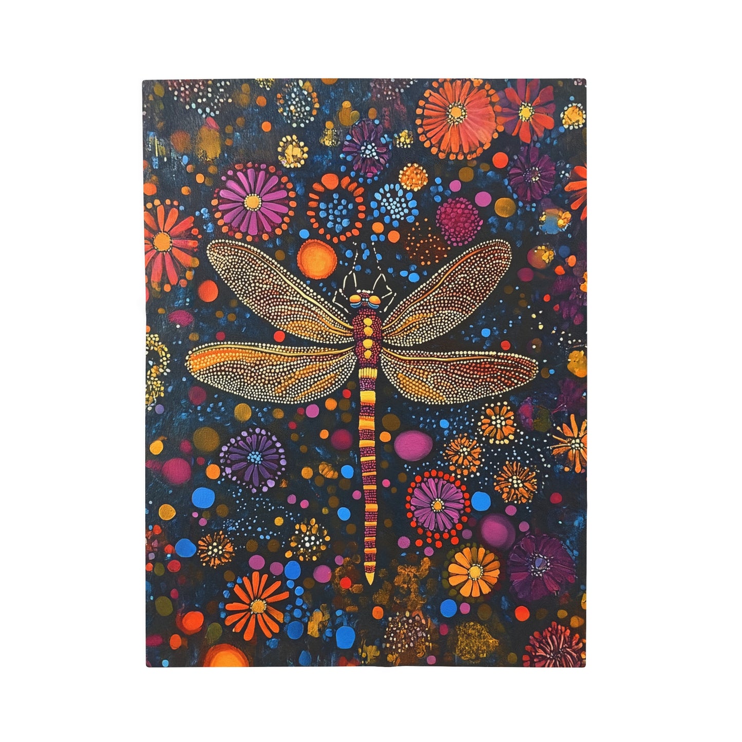 Vibrant Dragonfly Amidst a Kaleidoscope of Dot-Painted Blooms Velveteen Plush Blanket 3 Sizes