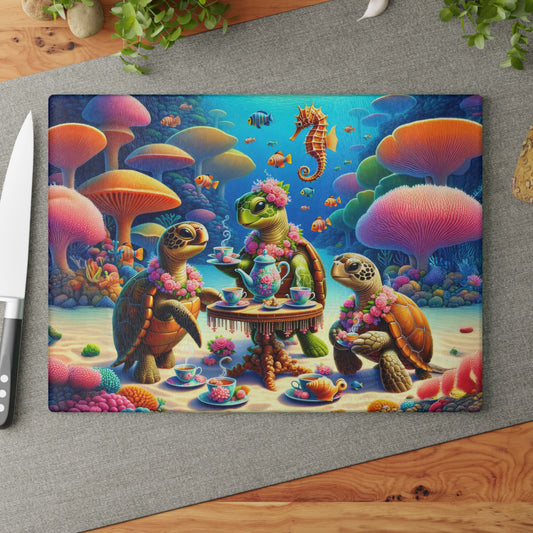 Cute Sea Turtle Tea Party Ocean Floor Glass Cutting Board, Charcuterie Serving Tray 2 Sizes