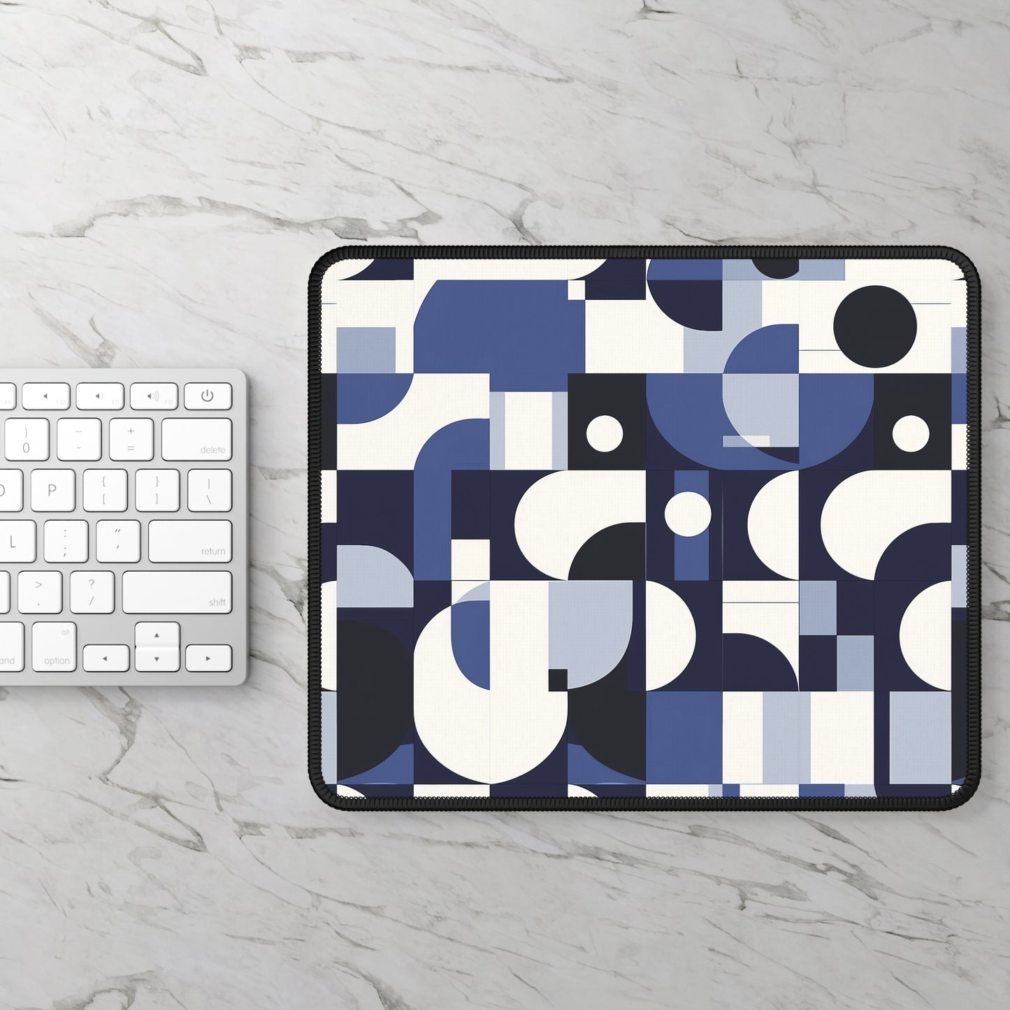 Navy Blue and White Mid-Century Modern Design Gaming Mouse Pad with Finished Edges