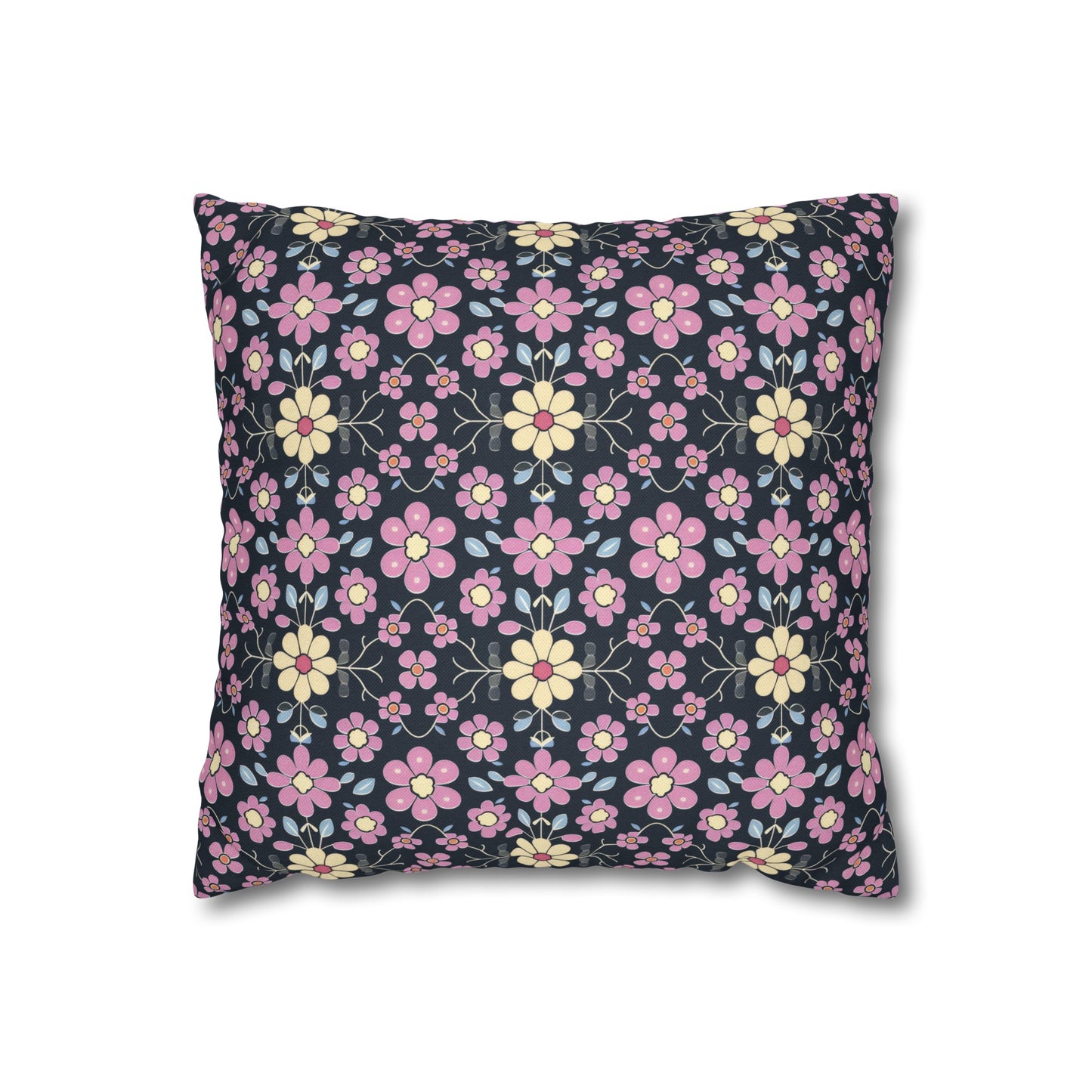 Charming Pastel Pink and Yellow Flowers on Navy Blue Background Spun Polyester Square Pillowcase 4 Sizes