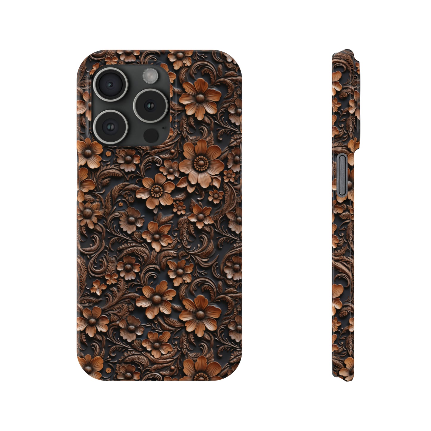 Tooled Deep Brown Leather Flowers Print Design Iphone 15-12 Slim Phone Case