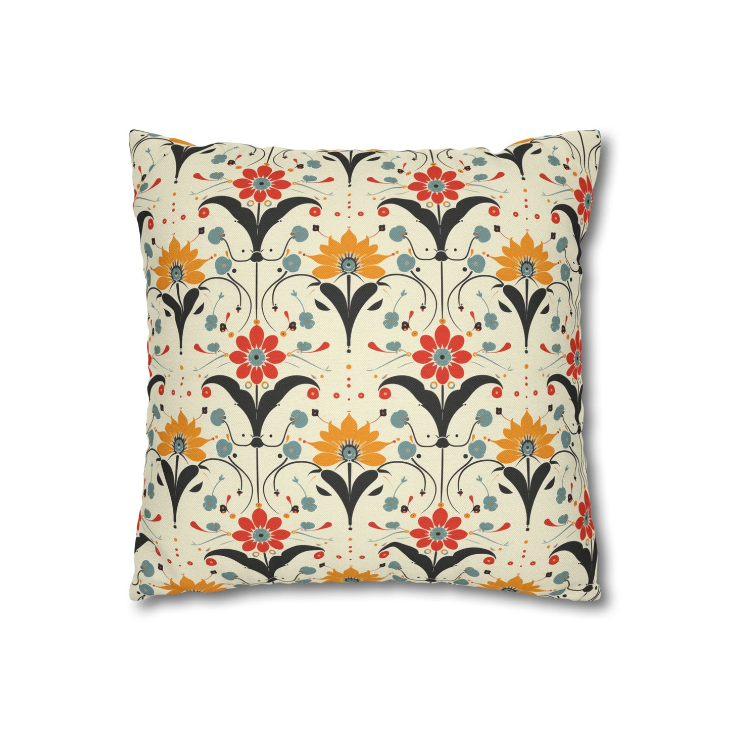 Whimsical Retro Garden in Muted Yellow, Red and Blues Spun Polyester Square Pillowcase 4 Sizes