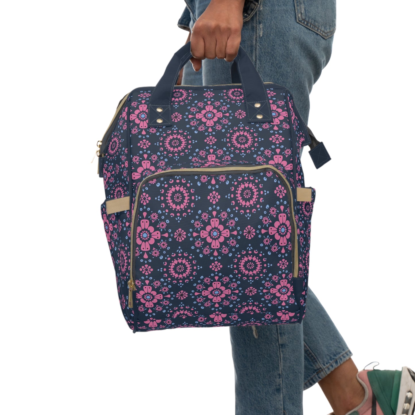 Midnight Garden in Pink and Blue Floral Mandala Pattern on Navy Multifunctional Diaper Backpack