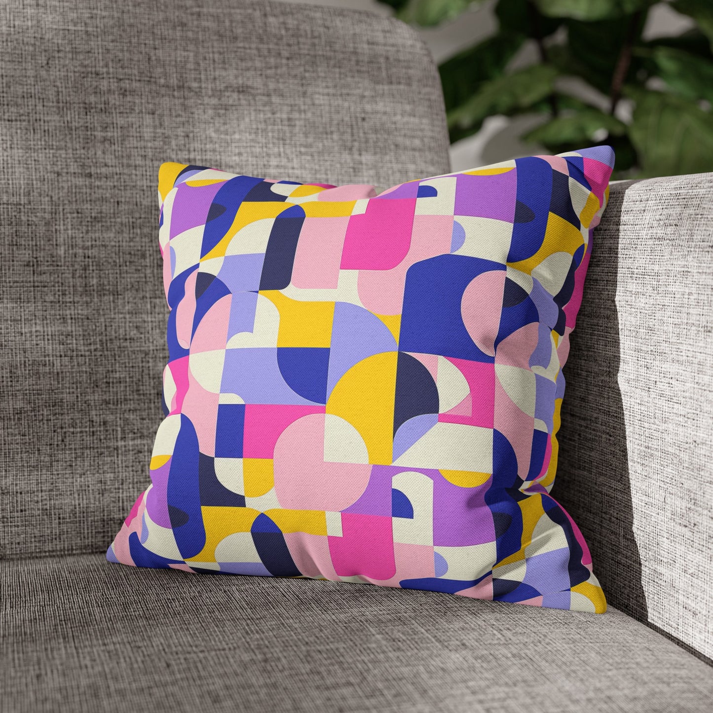 Vibrant Pink, Blue Yellow Color Block Geometric Shapes Spun Polyester Square Pillowcase 4 Sizes