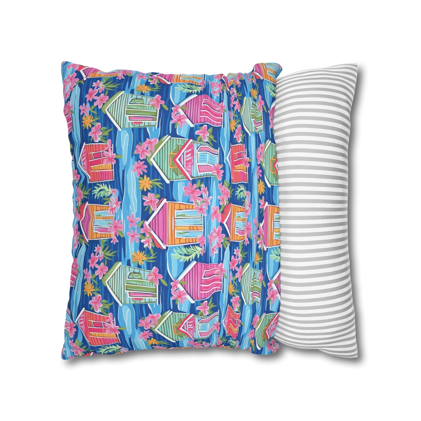 Seaside Serenade: Watercolor Beach Houses Amidst Blooming Florals Spun Polyester Square Pillowcase 4 Sizes