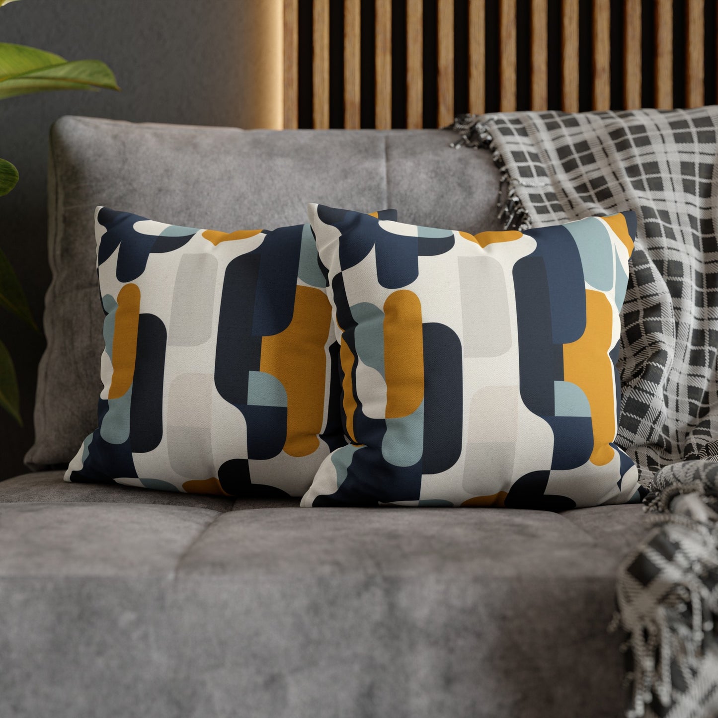 Modern Retro with Bold Geometric Pattern in Mustard and Navy Spun Polyester Square Pillowcase 4 Sizes