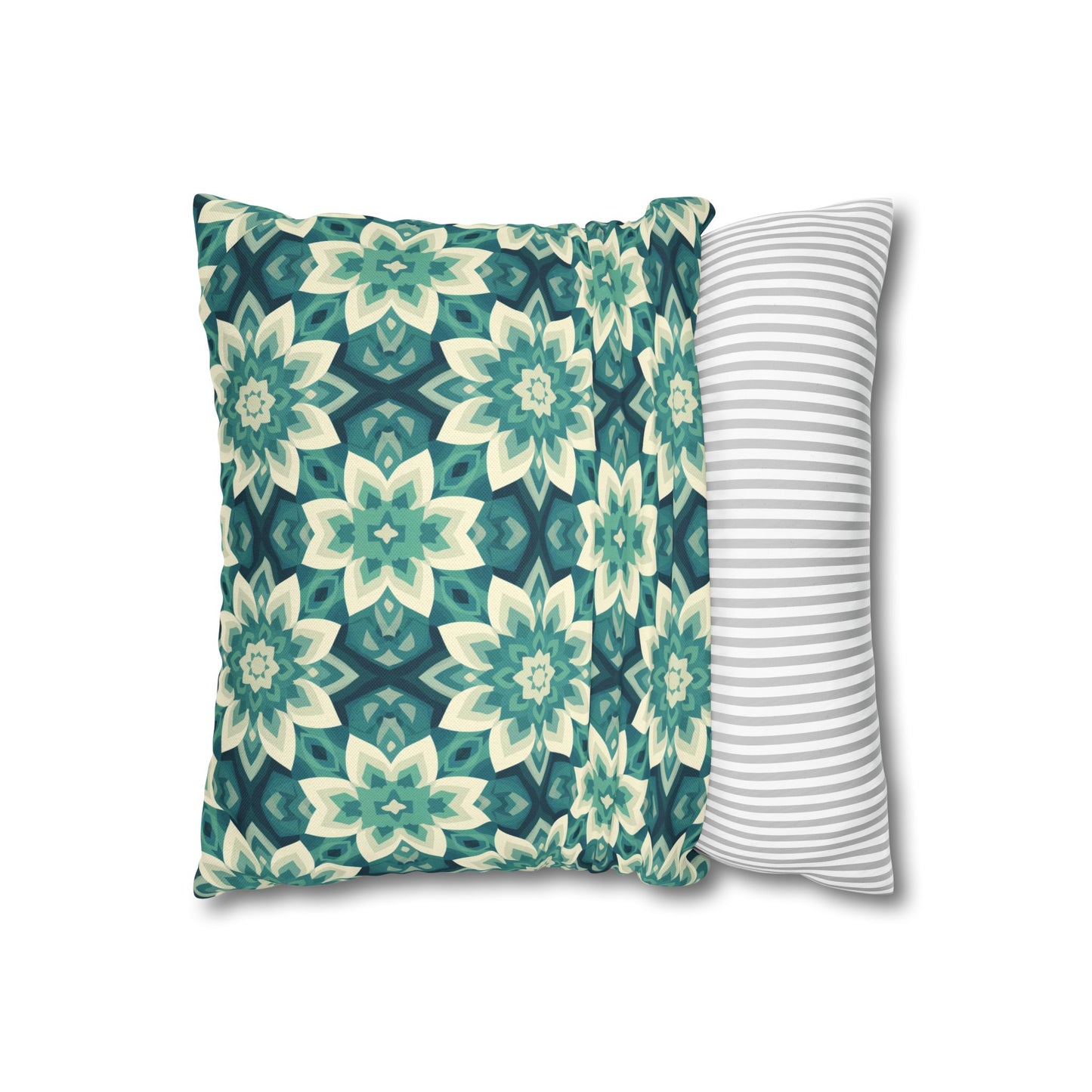 Intricate Aqua and Teal Mandala Floral Pattern Spun Polyester Square Pillowcase 4 Sizes