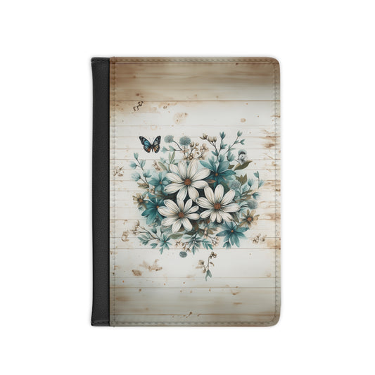 Rustic Charm Bouquet featuring Teal Accents White Wild Daisies with Butterflies Passport Cover Faux Leather RFID Blocking