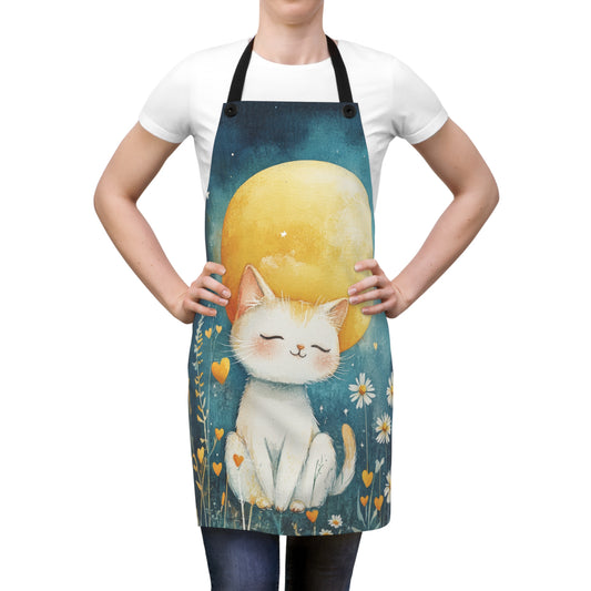 Whimsical Kitten with Golden Moonlit Serenity  Kitchen Chef Apron