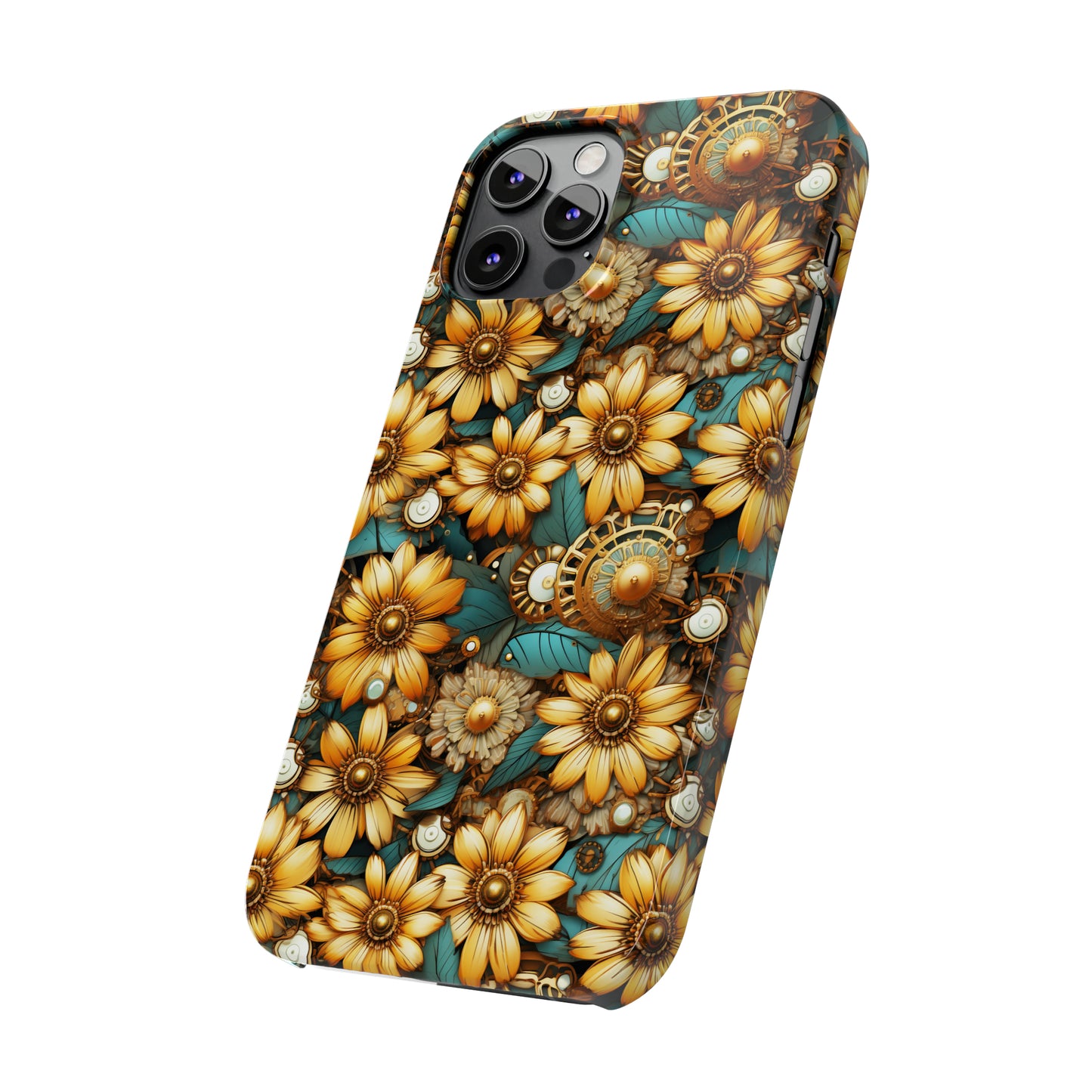 Victorian Steampunk Gold Flowers Teal Background with Gears and Mechanical Elements Iphone 15-12 Slim Phone Case