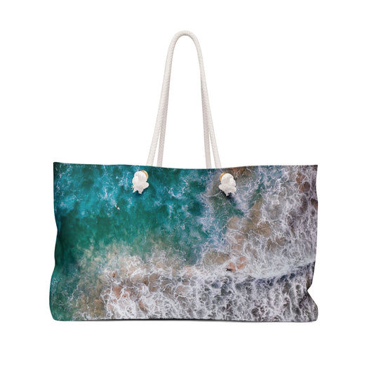 Ocean's Embrace: Deep Green Waters with White Waves Crashing onto the Beach - Weekender Oversized Canvas Tote Bag 24" × 13"