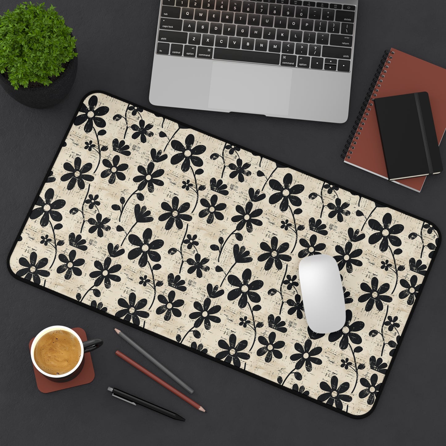 Distressed Black Floral on Beige Background Extended Gaming Mouse Pad  Desk Mat  - 3 Sizes